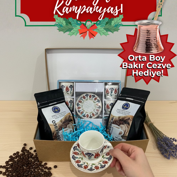 6 Kişilik Kahve Fincanı Seti + 250 g Espresso & 250 g Filtre Kahve | Yılbaşı Hediye Seti Kutulu