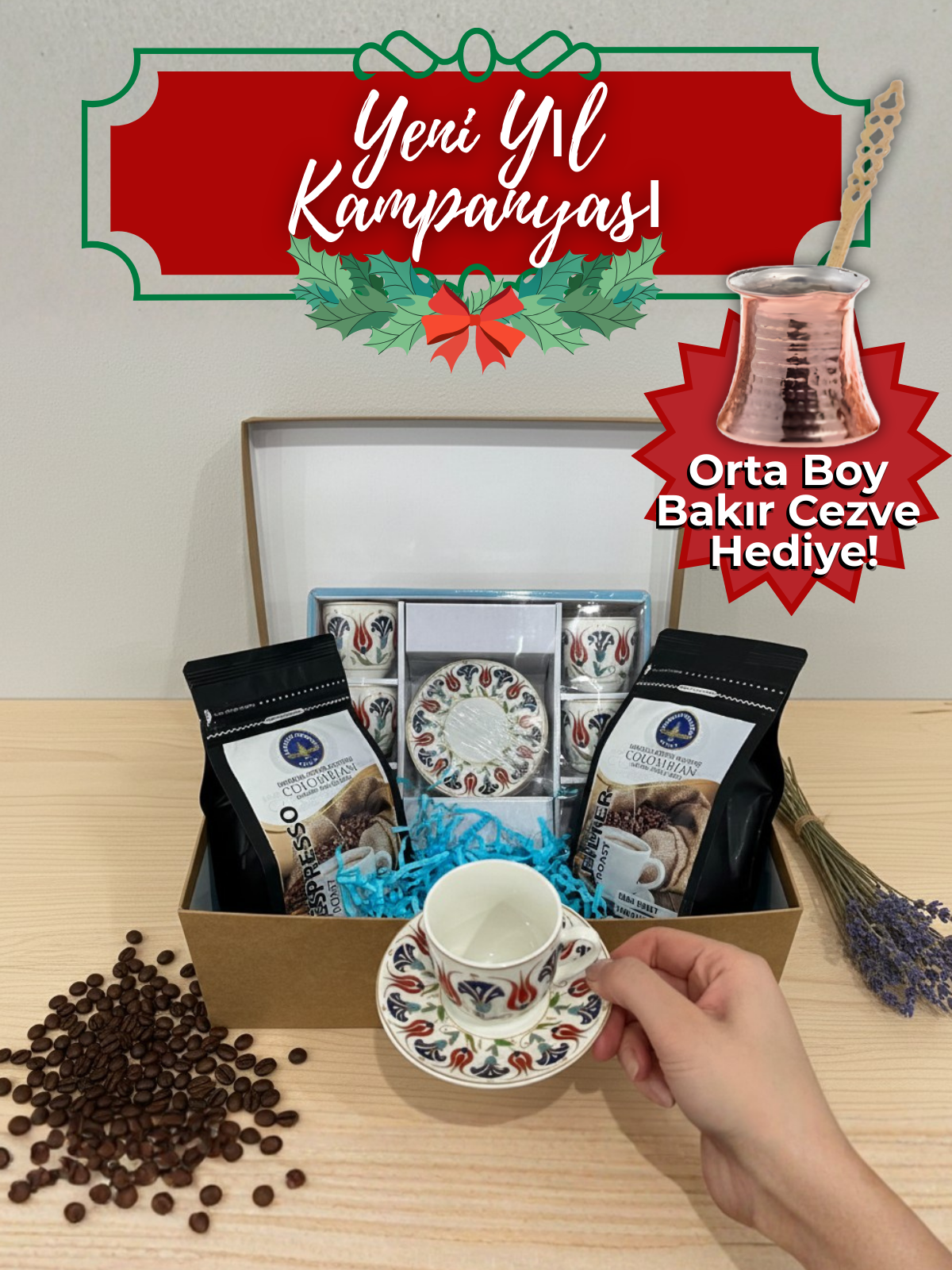 SET-1-Fincan-seti-cezve 6 Kişilik Kahve Fincanı Seti + 250 g Espresso & 250 g Filtre Kahve | Yılbaşı Hediye Seti Kutulu - Görsel 1