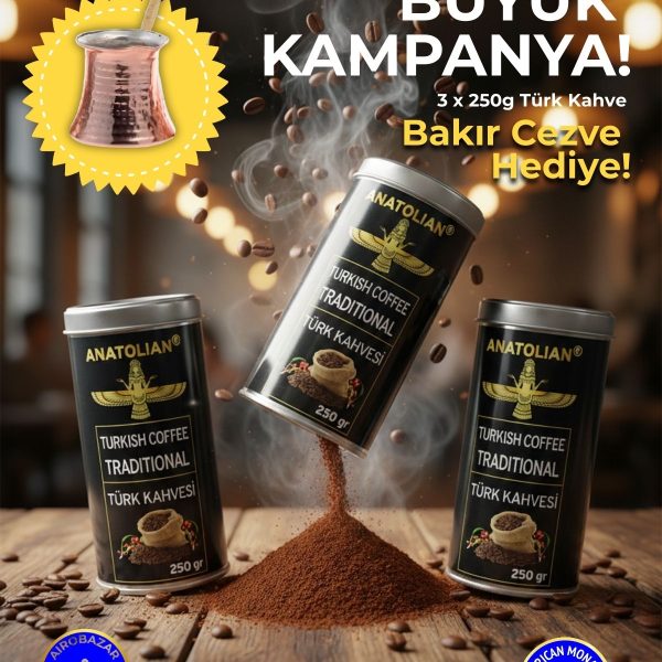 Anatolion Türk Kahvesi Orta Kavurulmuş, Geleneksel, Zengin ve Otantik Lezzet 3 × 250 g
