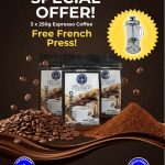 American Monarch Dark Roast Espresso Coffee Beans, Free French Press 3x250g