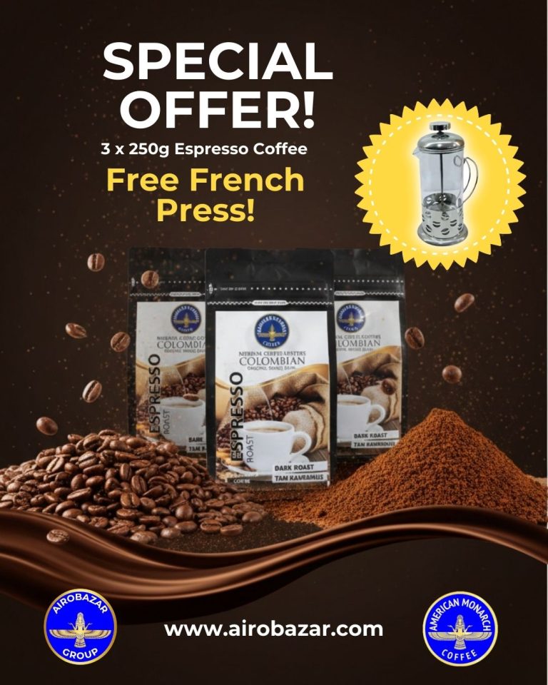 American Monarch Dark Roast Espresso Coffee Beans, Free French Press 3x250g