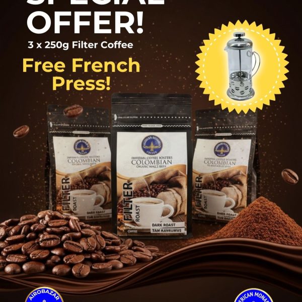 American Monarch Dark Roast Filter Coffee Set, Free French Press Special Offer 3x250g