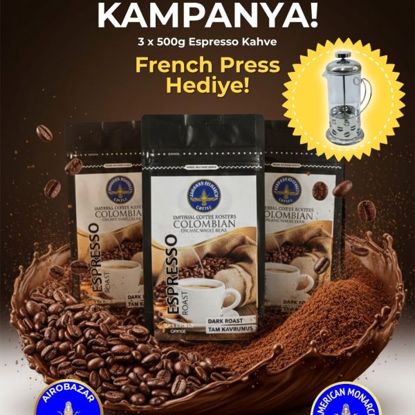 American Monarch French Press Hediyeli Set, Tam Kavrulmuş Espresso Kahve Çekirdeği 3x500g