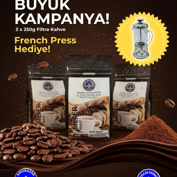 American Monarch Tam Kavrulmuş Filtre Kahve Seti, French Press Hediyeli 3x250g