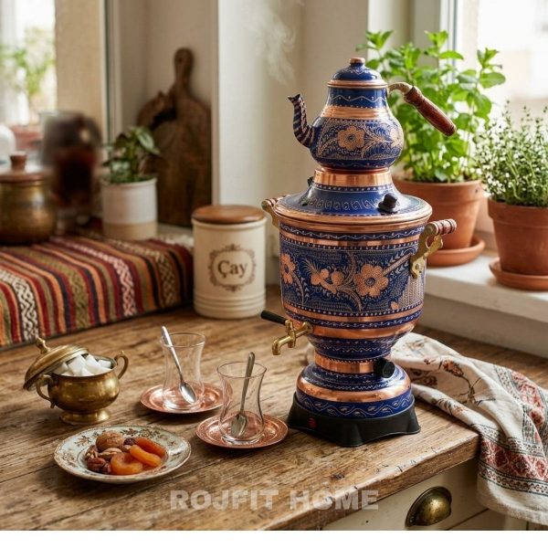 Blue Copper Electric Samovar Traditional Turkish Tea Maker 6L