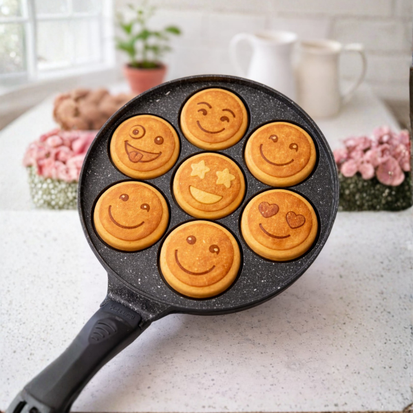7-Piece Nonstick Granite Cast Iron Emoji Waffle and Pancake Pan Set