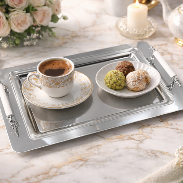 Stainless Steel Serving Tray for 4, White Handle, Tea and Coffee Tray, Metal Serving Platter for Home