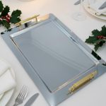 Stainless Steel Serving Tray with Gold Handles, Large Rectangular Silver Luxury Serving Platter, 17.7 x 11.8 Inches