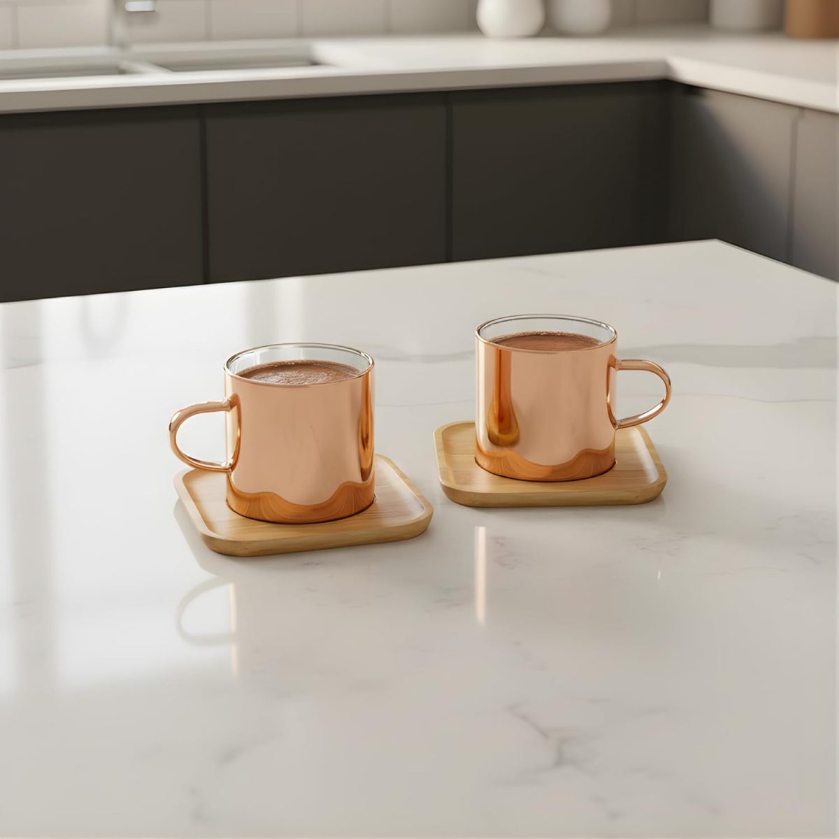 Double Wall Glass Cup Set with Bamboo Coasters, 2-Piece Heat Resistant Borosilicate Coffee and Tea Cups - Image 3