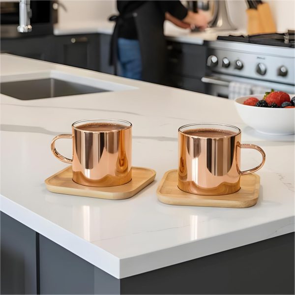 Double Wall Glass Cup Set with Bamboo Coasters, 2-Piece Heat Resistant Borosilicate Coffee and Tea Cups