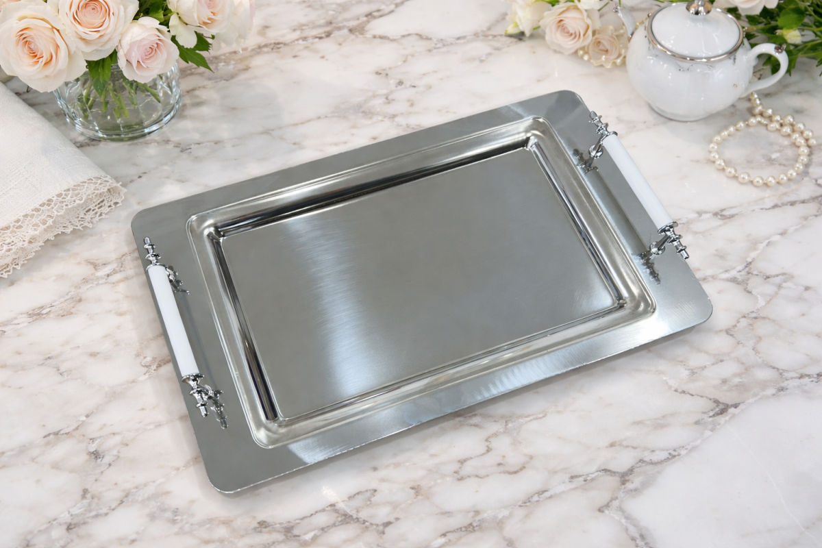 Stainless Steel Serving Tray for 4, White Handle, Tea and Coffee Tray, Metal Serving Platter for Home - Image 4