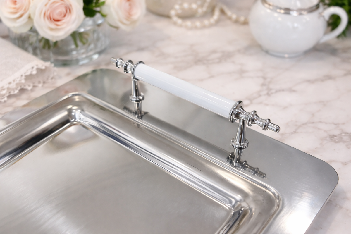 Stainless Steel Serving Tray for 4, White Handle, Tea and Coffee Tray, Metal Serving Platter for Home - Image 3