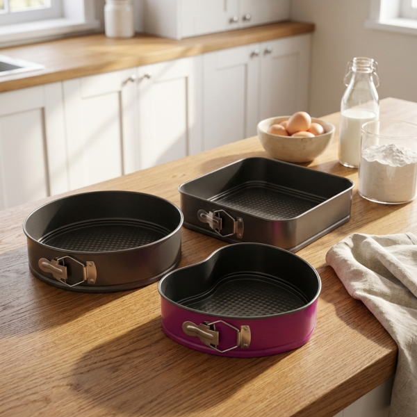 Springform Cake Pan Set of 3, Heart Square and Round Baking Pans, Non-Stick Bakeware, 23.5cm 26cm 27.5cm, 6.5cm Height