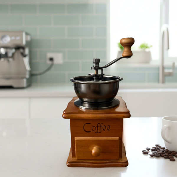 Manual Coffee Grinder with Wooden Base, Hand Crank Coffee Mill with Drawer, Vintage Style Burr Grinder for Espresso and Filter Coffee, 20cm Height
