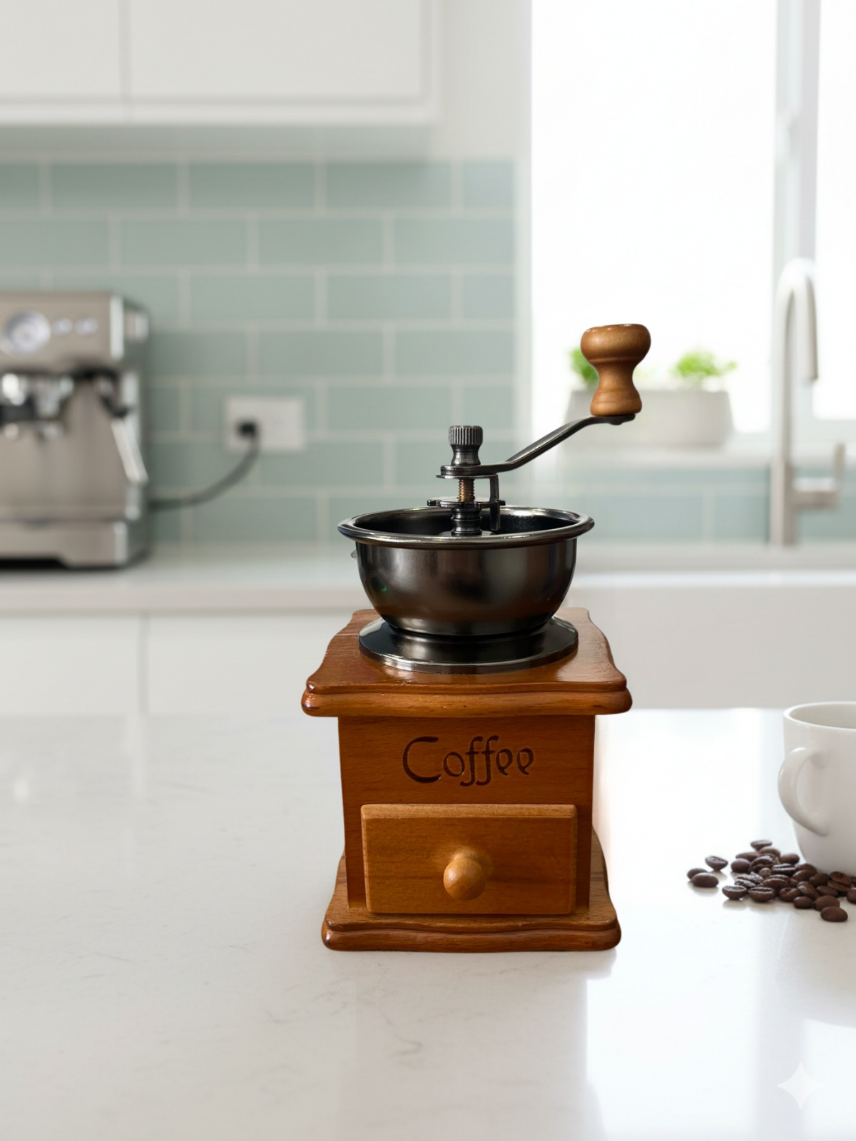 Ürün Görselleri38 Manual Coffee Grinder with Wooden Base, Hand Crank Coffee Mill with Drawer, Vintage Style Burr Grinder for Espresso and Filter Coffee, 20cm Height - Image 1