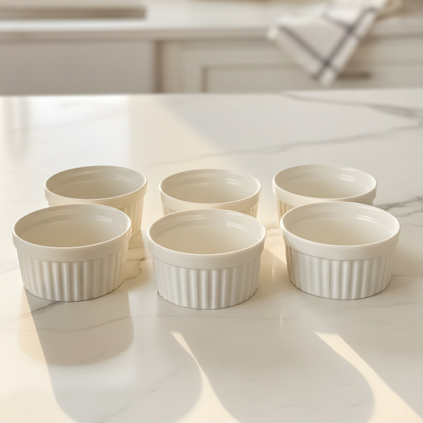 6’lı Beyaz Seramik Sufle Kabı, Isıya Dayanıklı Rölyefli Fırın ve Sunum Kasesi Seti