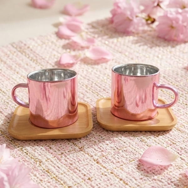 Pink Double Wall Glass Cups with Bamboo Coasters, Borosilicate Coffee & Tea Set