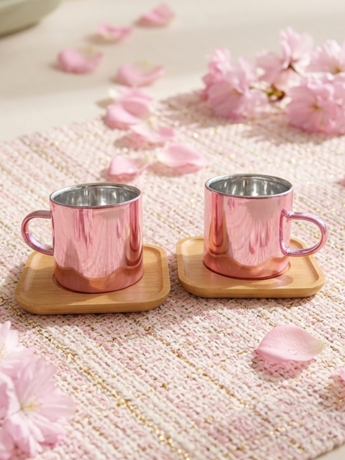 Ürün Görselleri504 Pink Double Wall Glass Cups with Bamboo Coasters, Borosilicate Coffee & Tea Set - Image 1