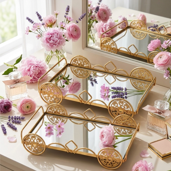 Gold Mirrored Serving Tray Set of 2, Decorative Ottoman Pattern, Engagement Trays for Home & Party