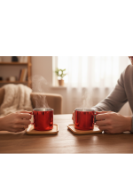 Double Wall Borosilicate Glass Coffee & Tea Cup Set with Bamboo Coasters – 2 Pcs Heat Resistant Insulated Cups (Red, Small) - Image 4