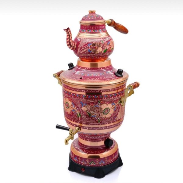 100% Pure Copper Electric Samovar, Traditional Turkish Tea Maker, 6 Liter, 220 Voltage (Red)