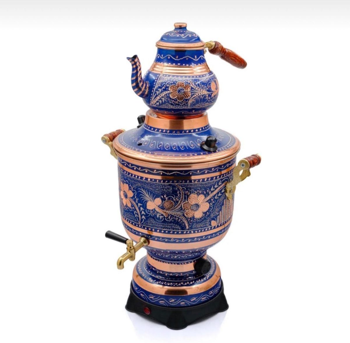 100% Pure Copper Electric Samovar, Traditional Turkish Tea Maker, 6 Liter, 220 Voltage (Blue) - Image 5