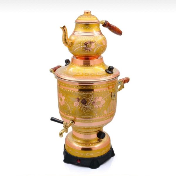 100% Pure Copper Electric Samovar, Traditional Turkish Tea Maker, 6 Liter, 220 Voltage (Yellow)