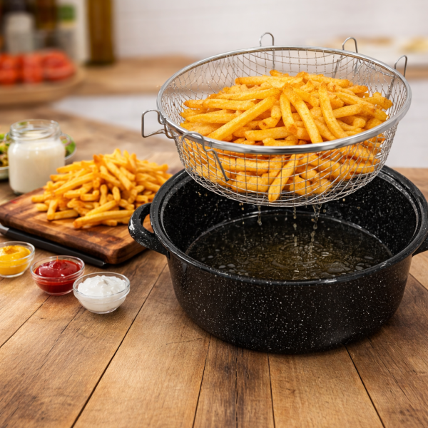 Black Enamel Deep Fryer Pot with Stainless Steel Strainer Basket, 9.5 Inch (24 cm), for Fries and Frying