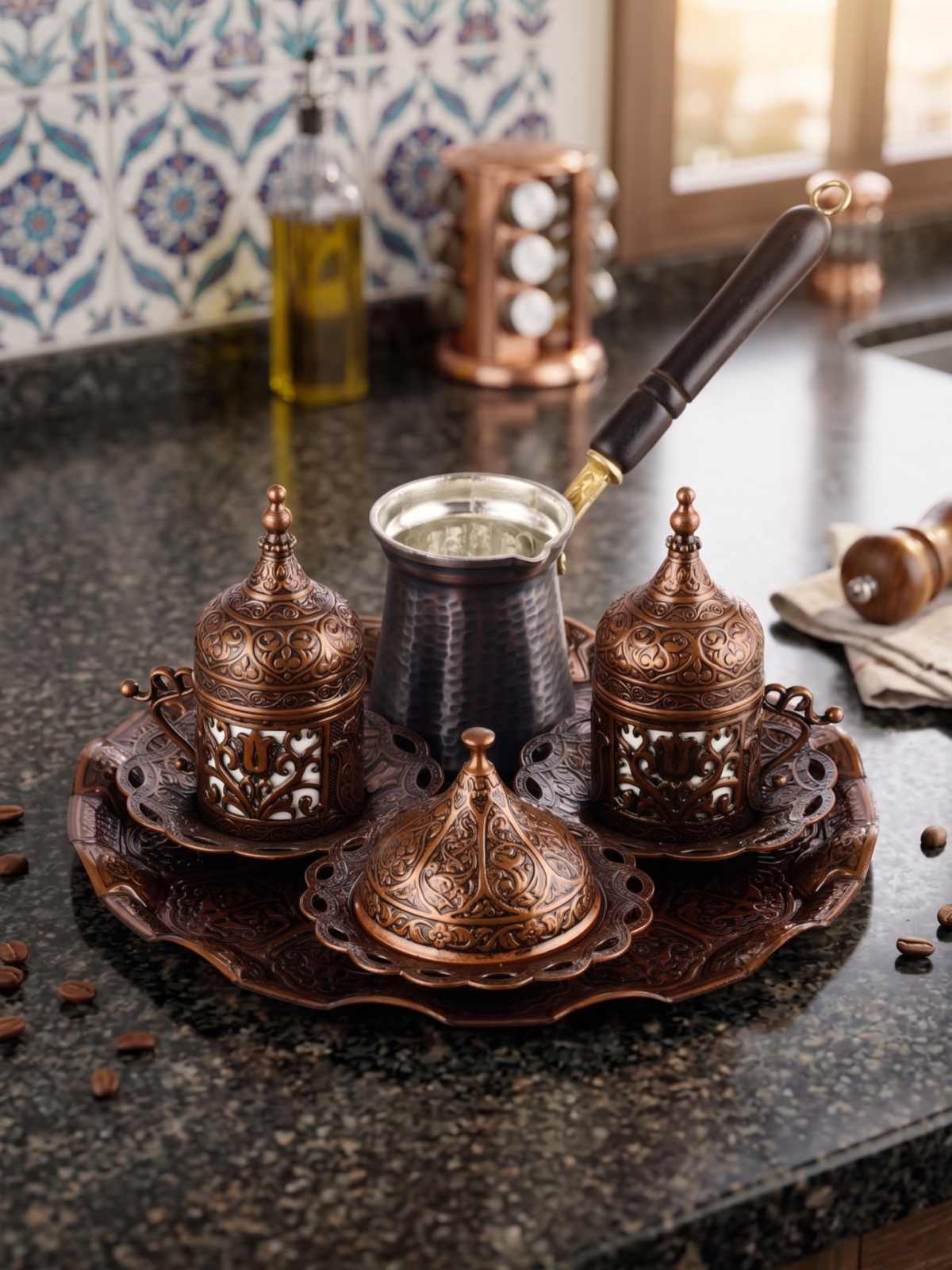 Set of 2 Turkish Coffee Set, Wooden Handle Cezve Set, Handmade Traditional Coffee Serving Set - Image 3