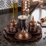 Set of 2 Turkish Coffee Set, Wooden Handle Cezve Set, Handmade Traditional Coffee Serving Set