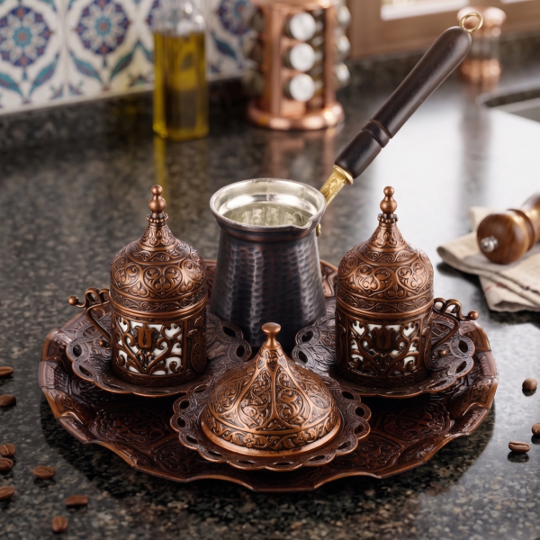 Set of 2 Turkish Coffee Set, Wooden Handle Cezve Set, Handmade Traditional Coffee Serving Set