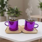 Purple Double Wall Glass Cups with Bamboo Coasters, Borosilicate Coffee & Tea Set
