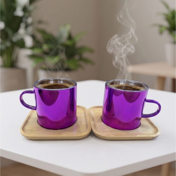 Mor 2’li Borosilikat Fincan Seti Kare Bambu Altlıklı, Isıya Dayanıklı Kahve ve Çay Fincanı