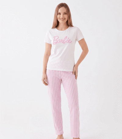 Women's Barbie Print Pink & White Striped Pajama Set – Soft & Comfortable Sleepwear