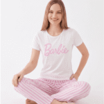 Women's Barbie Print Pink & White Striped Pajama Set – Soft & Comfortable Sleepwear