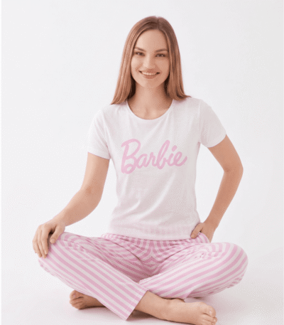 Women's Barbie Print Pink & White Striped Pajama Set – Soft & Comfortable Sleepwear
