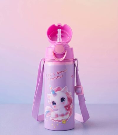 Unicorn Design Childrens Water Bottle With Straw And Strap