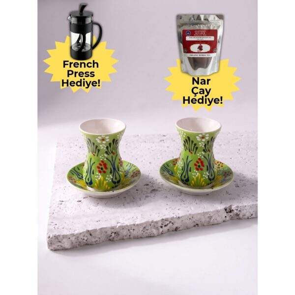 El yapımı yeşil seramik 2 kişilik Türk çay bardağı seti - French Press ve Nar Çayı hediyeli