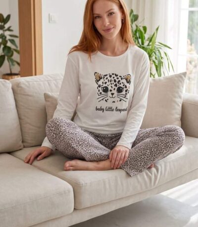 Kadın pamuklu pijama takımı 4'lü seri paket - Beyaz / Leoparlı