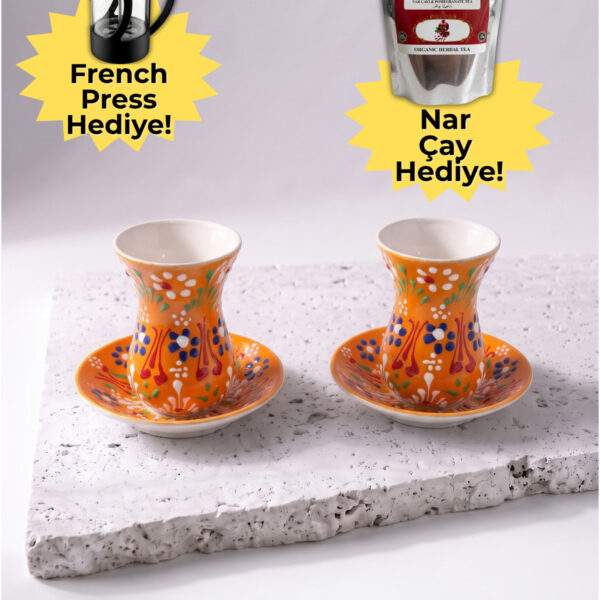 El Yapımı Turuncu Seramik 2 Kişilik Çay Bardağı Seti
