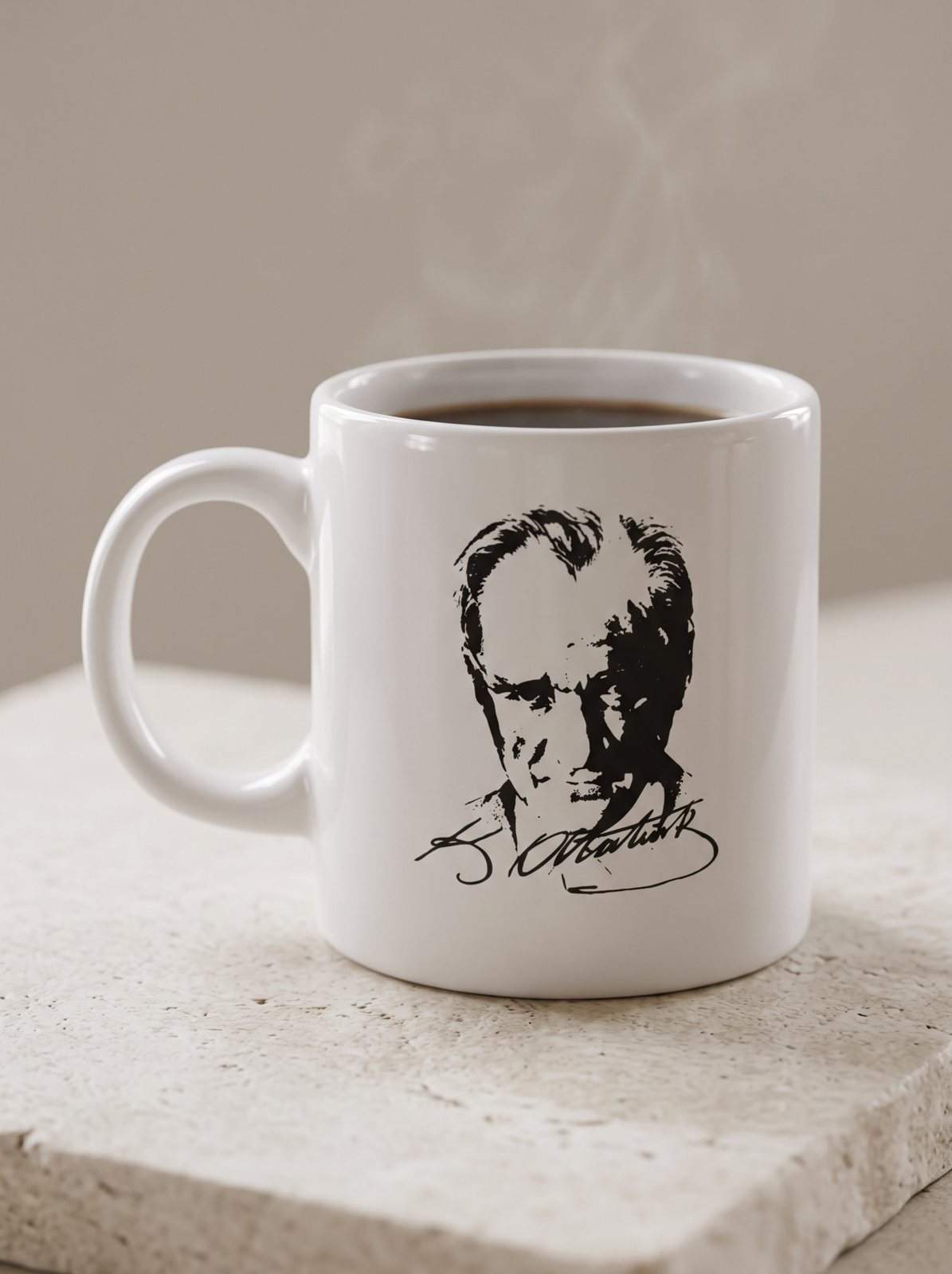 Atatürk Portreli İmzalı Porselen Kupa 1 Atatürk portreli ve imzalı beyaz porselen kupa 330 ml - 1