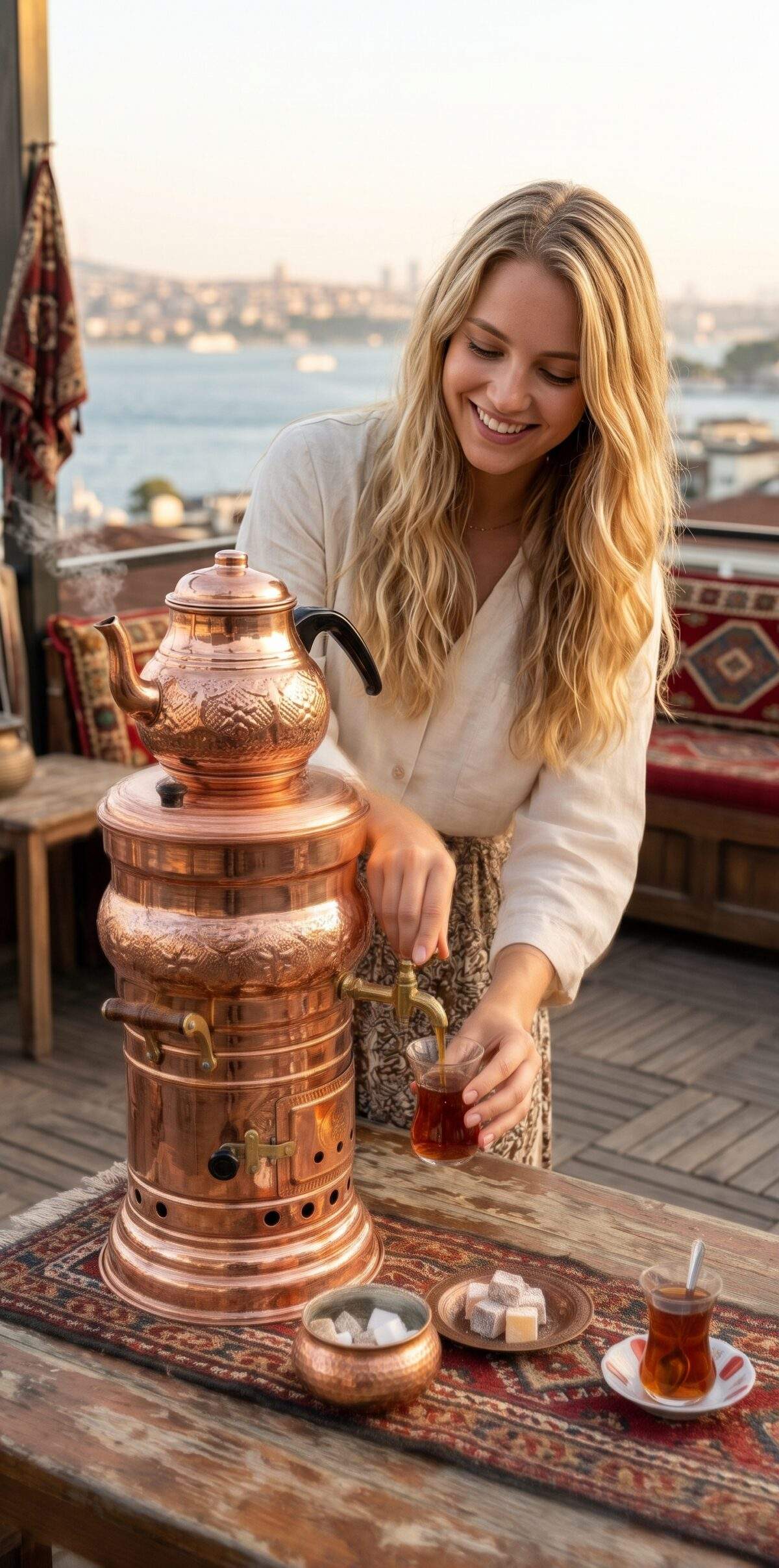 Bakır Semaverden Çay Servisi Terasta - Copper Samovar Tea Service