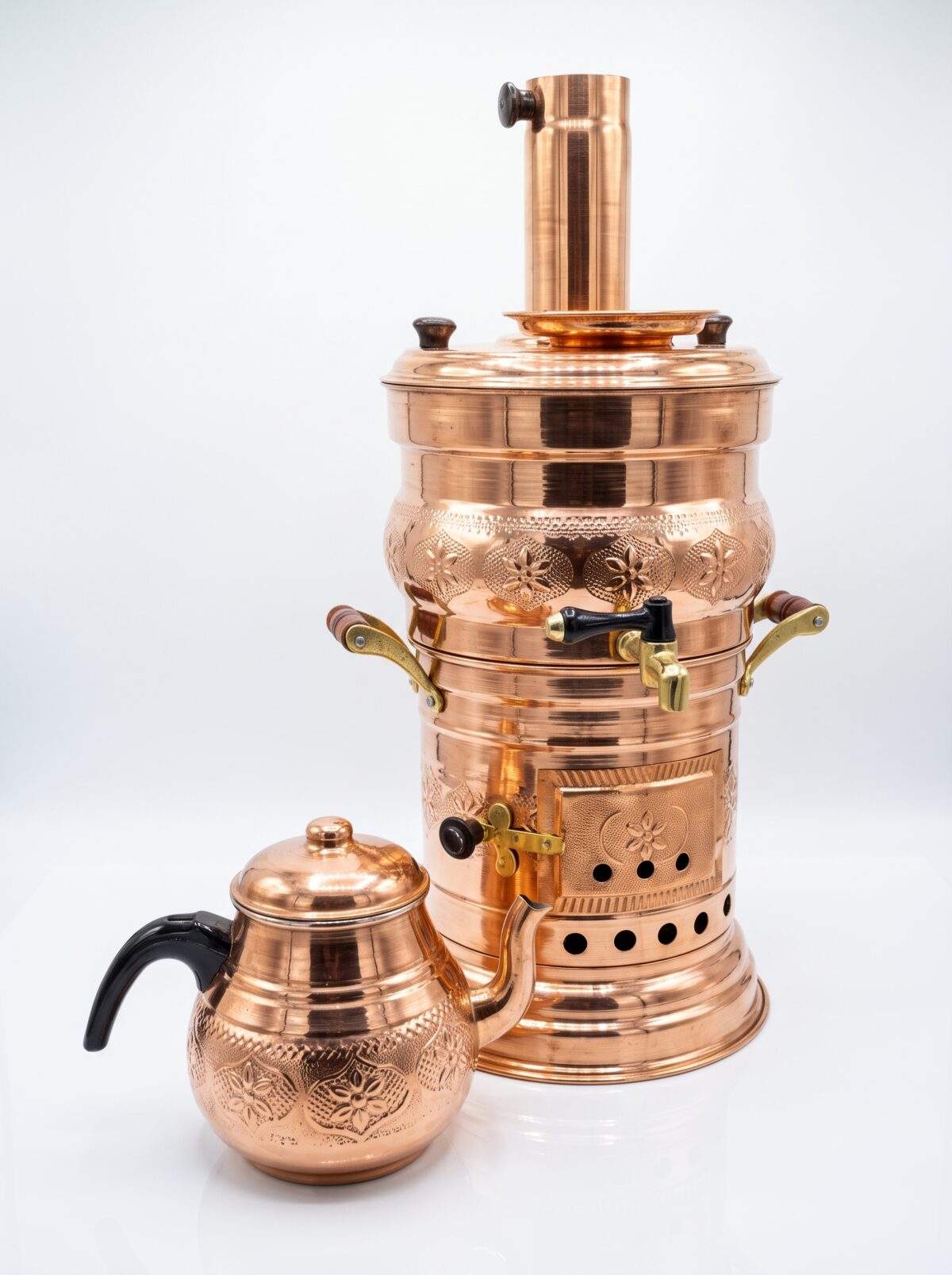 Bacalı Bakır Semaver ve Demlik - Copper Samovar with Chimney and Teapot