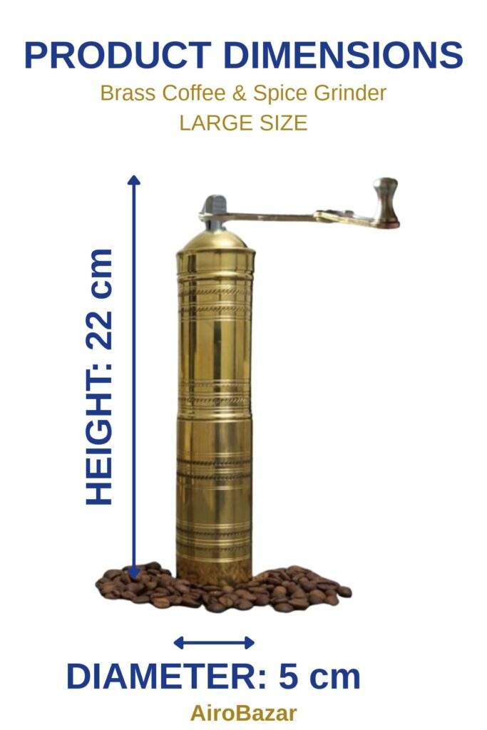 Brass coffee grinder large size dimensions: height 22 cm, diameter 5 cm