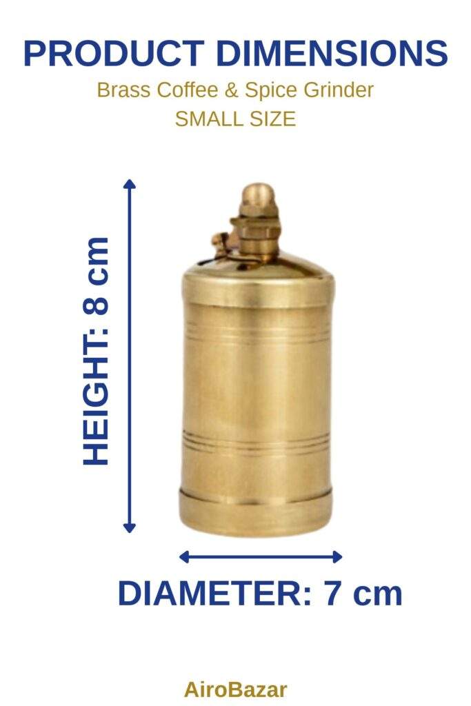 Brass coffee and spice grinder small size dimensions: height 8 cm, diameter 7 cm