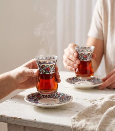 Çini desenli 2 kişilik ince belli çay bardağı seti tabaklı - 2