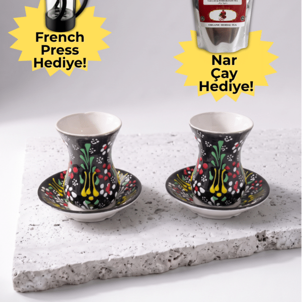 El yapımı siyah seramik 2 kişilik Türk çay bardağı seti - French Press ve Nar Çayı hediyeli