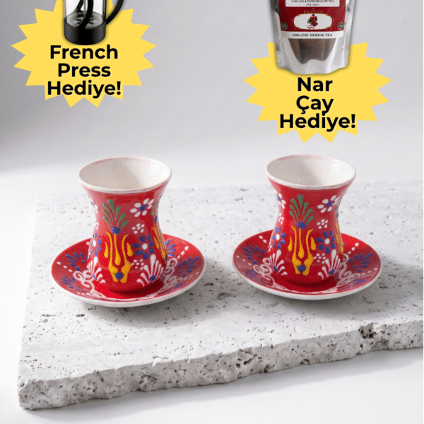El yapımı kırmızı seramik 2 kişilik Türk çay bardağı seti, French Press ve nar çayı hediyeli