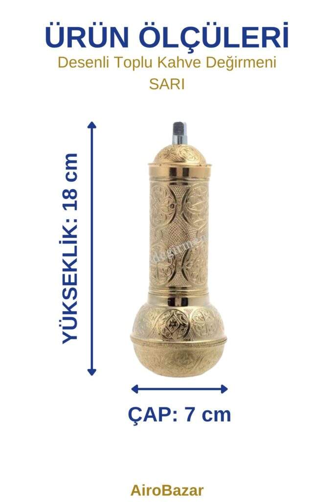 Desenli toplu kahve değirmeni sarı ölçüleri: yükseklik 18 cm, çap 7 cm
