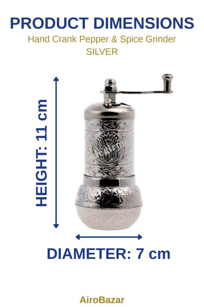 Hand crank pepper grinder silver dimensions: height 11 cm, diameter 7 cm